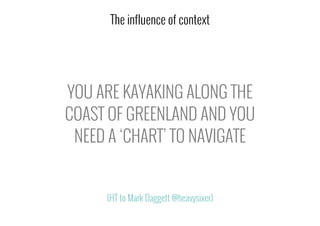 YOU ARE KAYAKING ALONG THE
COAST OF GREENLAND AND YOU
NEED A ‘CHART’ TO NAVIGATE
The influence of context
(HT to Mark Daggett @heavysixer)
 