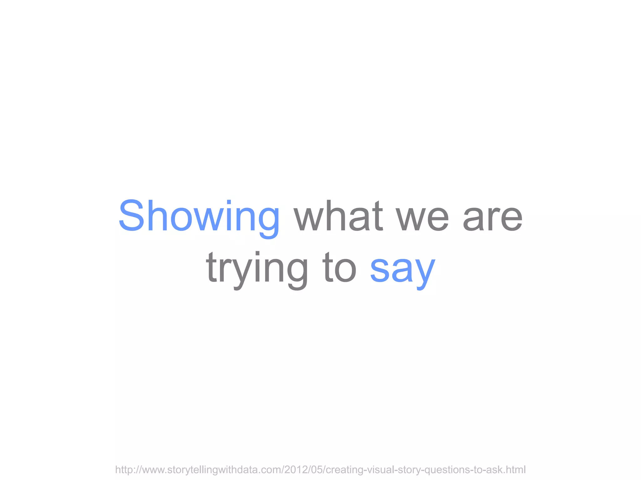 Showing what we are
   trying to say



http://www.storytellingwithdata.com/2012/05/creating-visual-story-questions-to-ask.html
 