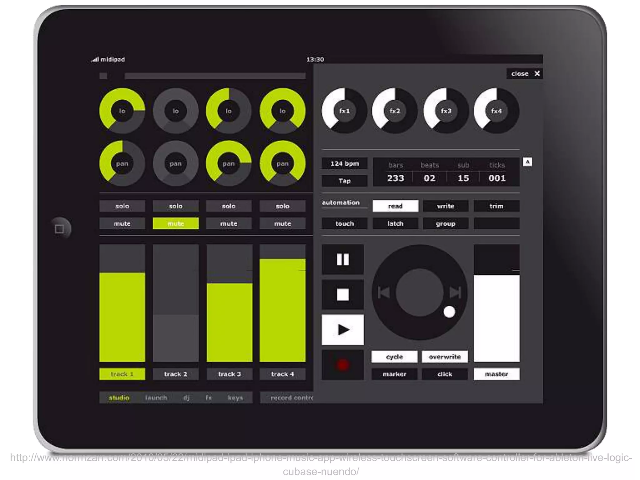 http://www.normzarr.com/2010/05/22/midipad-ipad-iphone-music-app-wireless-touchscreen-software-controller-for-ableton-live-logic-
                                                      cubase-nuendo/
 