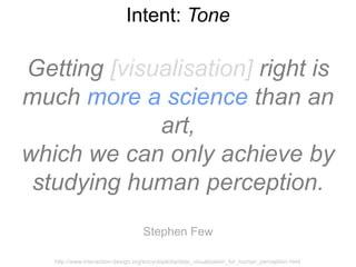 Intent: Tone

Getting [visualisation] right is
much more a science than an
             art,
which we can only achieve by
...