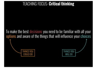 To make the best decisions you need to be familiar with all your
options and aware of the things that will influence your choices
TEACHING FOCUS: Critical thinking
THINGS YOU
COULD DO
THINGS YOU
WILL DO
 