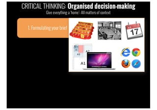 Design workflow
1. Formulatingyour brief
CRITICAL THINKING: Organised decision-making
Give everything a ‘home’: All matters of context
 
