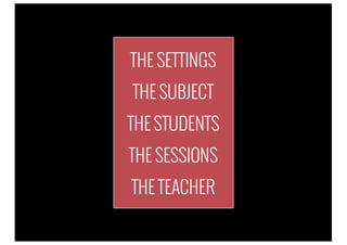 THE SETTINGS
THE SUBJECT
THE STUDENTS
THE SESSIONS
THE TEACHER
 