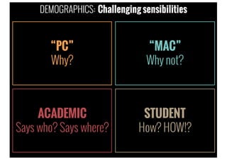 “PC”
Why?
“MAC”
Why not?
ACADEMIC
Says who? Says where?
STUDENT
How? HOW!?
DEMOGRAPHICS: Challenging sensibilities
 
