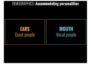EARS
Quiet people
MOUTH
Vocal people
DEMOGRAPHICS: Accommodating personalities
 