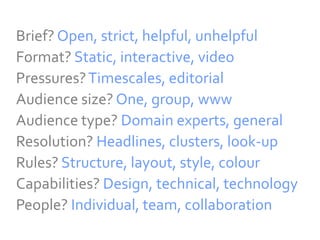 Brief? Open, strict, helpful, unhelpful
Format? Static, interactive, video
Pressures? Timescales, editorial
Audience size? One, group, www
Audience type? Domain experts, general
Resolution? Headlines, clusters, look-up
Rules? Structure, layout, style, colour
Capabilities? Design, technical, technology
People? Individual, team, collaboration
 