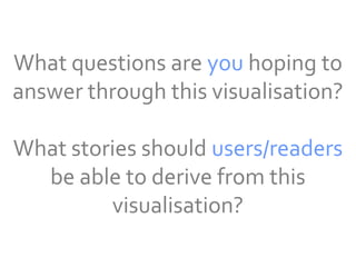 What questions are you hoping to
answer through this visualisation?

What stories should users/readers
  be able to derive from this
         visualisation?
 