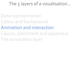 The 5 layers of a visualisation...

Data representation
Colour and background
Animation and interaction
Layout, placement and apparatus
The annotation layer
 