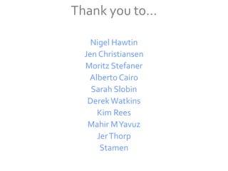 Thank you to…

    Nigel Hawtin
  Jen Christiansen
  Moritz Stefaner
   Alberto Cairo
    Sarah Slobin
   Derek Watkins
     Kim Rees
   Mahir M Yavuz
     Jer Thorp
      Stamen
 