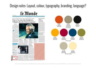 Design rules: Layout, colour, typography, branding, language?
http://www.smashingmagazine.com/2008/02/11/award-winning-newspaper-designs/ | http://dmindless.blogspot.com/2011/04/how-to-make-presentation-that-rocks.html
 