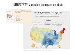 INTERACTIVITY: Manipulate, interrogate, participate
http://www.nytimes.com/interactive/2013/12/20/sunday-review/dialect-quiz-map.html?_r=0
 