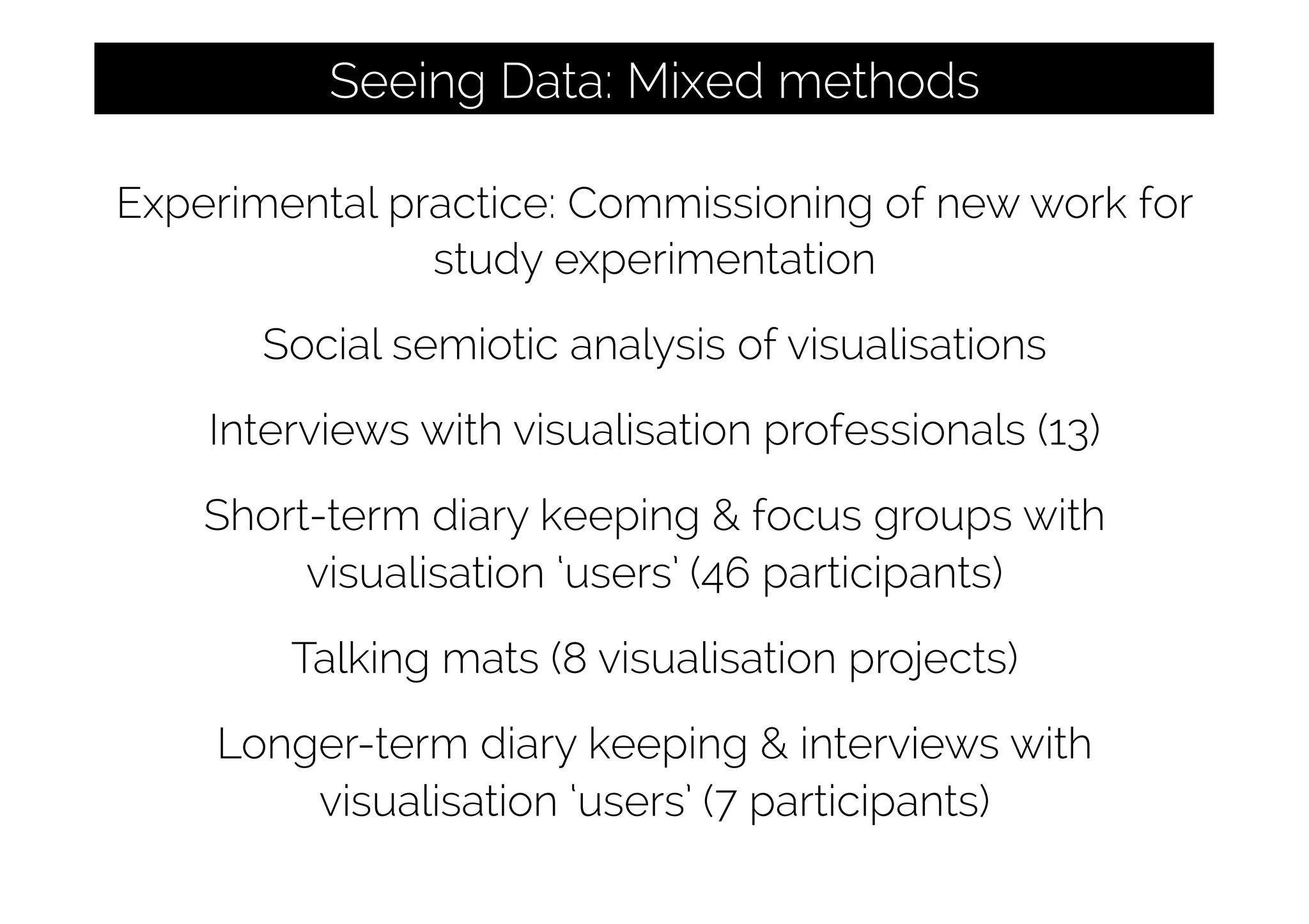 Experimental practice: Commissioning of new work for
study experimentation
Social semiotic analysis of visualisations
Interviews with visualisation professionals (13)
Short-term diary keeping & focus groups with
visualisation ‘users’ (46 participants)
Talking mats (8 visualisation projects)
Longer-term diary keeping & interviews with
visualisation ‘users’ (7 participants)
Seeing Data: Mixed methods
 