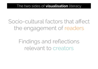 Socio-cultural factors that aﬀect
the engagement of readers
Findings and reﬂections
relevant to creators
The two sides of visualisation literacy
 