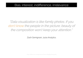 “Data visualization is like family photos. If you
don't know the people in the picture, beauty of
the composition won't keep your attention.”
Zach Gemignani, Juice Analytics
https://twitter.com/zachgemignani/status/382498970603229185
Bias, interest, indiﬀerence, irrelevance
 