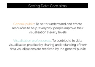 General public: To better understand and create
resources to help ‘everyday’ people improve their
visualisation literacy levels
Visualisation professionals: To contribute to data
visualisation practice by sharing understanding of how
data visualisations are received by the general public
Seeing Data: Core aims
 