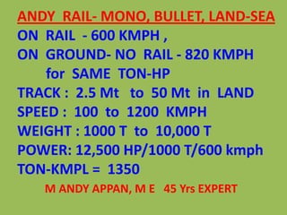 ANDY RAIL- MONO, BULLET, LAND-SEA
ON RAIL - 600 KMPH ,
ON GROUND- NO RAIL - 820 KMPH
for SAME TON-HP
TRACK : 2.5 Mt to 50 Mt in LAND
SPEED : 100 to 1200 KMPH
WEIGHT : 1000 T to 10,000 T
POWER: 12,500 HP/1000 T/600 kmph
TON-KMPL = 1350
M ANDY APPAN, M E 45 Yrs EXPERT
 