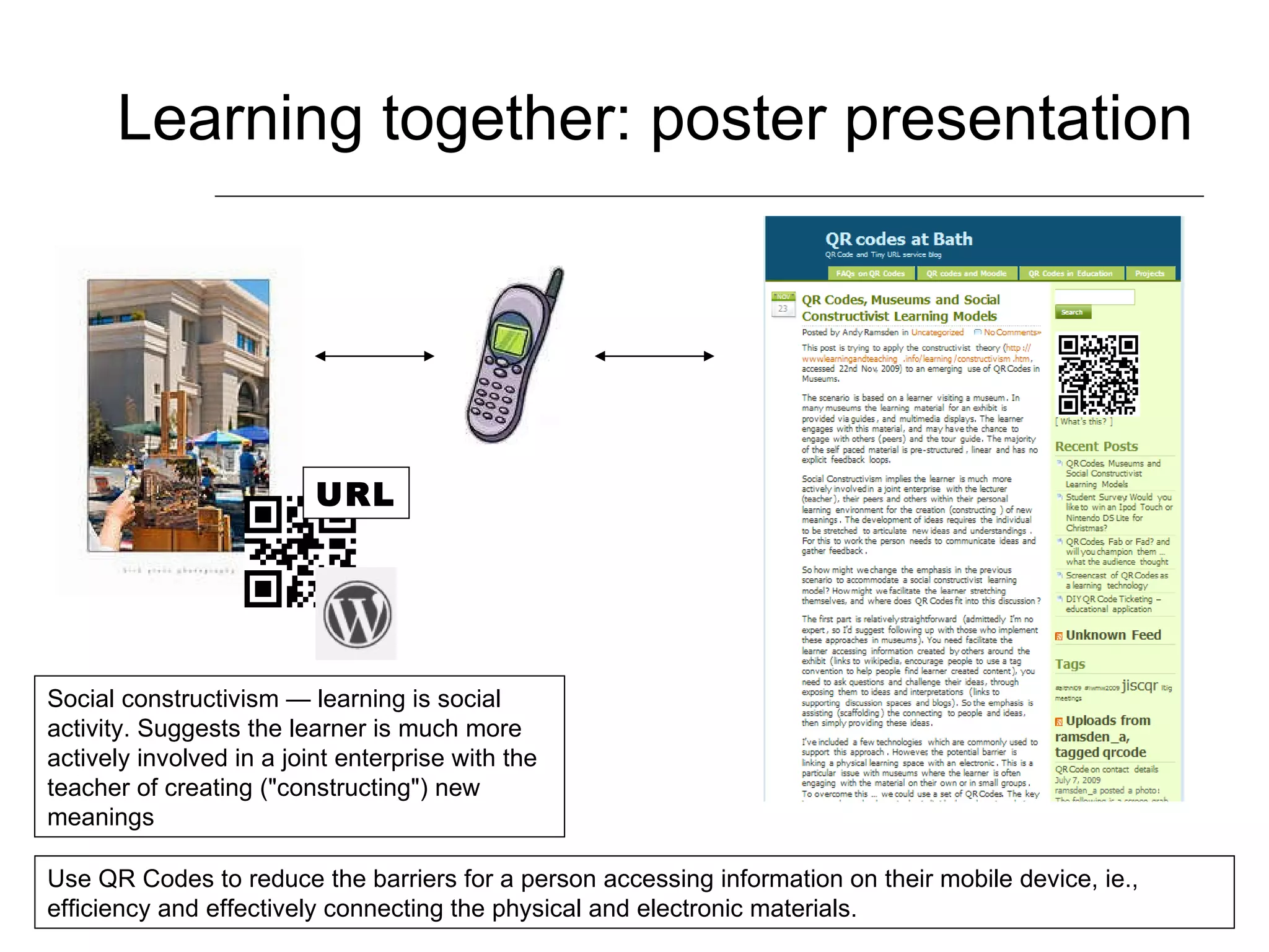 Learning together: poster presentation URL Use QR Codes to reduce the barriers for a person accessing information on their mobile device, ie., efficiency and effectively connecting the physical and electronic materials. Social constructivism — learning is social activity. Suggests the learner is much more actively involved in a joint enterprise with the teacher of creating ("constructing") new meanings 