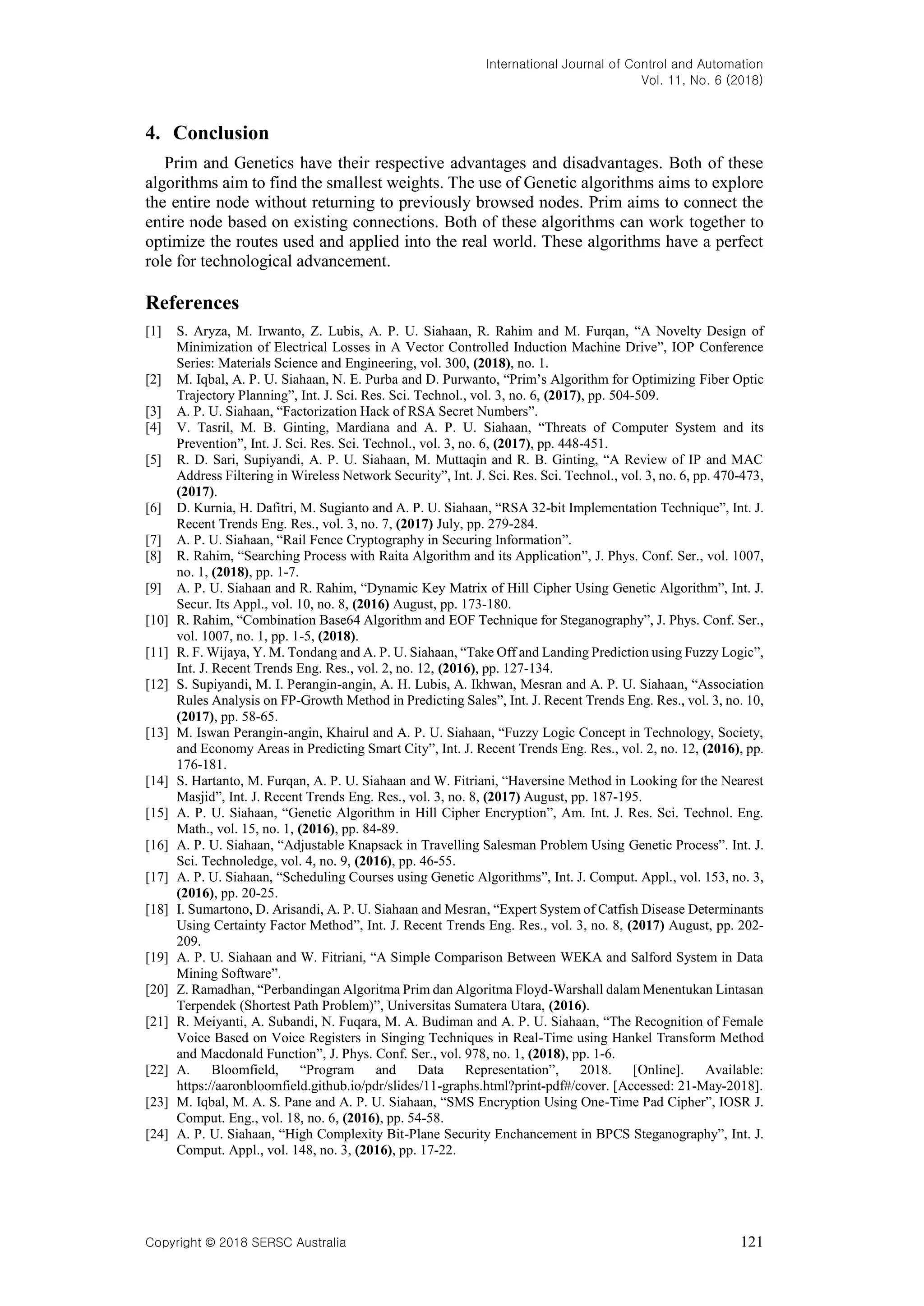International Journal of Control and Automation Vol. 11, No. 6 (2018) Copyright © 2018 SERSC Australia 121 4. Conclusion Prim and Genetics have their respective advantages and disadvantages. Both of these algorithms aim to find the smallest weights. The use of Genetic algorithms aims to explore the entire node without returning to previously browsed nodes. Prim aims to connect the entire node based on existing connections. Both of these algorithms can work together to optimize the routes used and applied into the real world. These algorithms have a perfect role for technological advancement. References [1] S. Aryza, M. Irwanto, Z. Lubis, A. P. U. Siahaan, R. Rahim and M. Furqan, “A Novelty Design of Minimization of Electrical Losses in A Vector Controlled Induction Machine Drive”, IOP Conference Series: Materials Science and Engineering, vol. 300, (2018), no. 1. [2] M. Iqbal, A. P. U. Siahaan, N. E. Purba and D. Purwanto, “Prim’s Algorithm for Optimizing Fiber Optic Trajectory Planning”, Int. J. Sci. Res. Sci. Technol., vol. 3, no. 6, (2017), pp. 504-509. [3] A. P. U. Siahaan, “Factorization Hack of RSA Secret Numbers”. [4] V. Tasril, M. B. Ginting, Mardiana and A. P. U. Siahaan, “Threats of Computer System and its Prevention”, Int. J. Sci. Res. Sci. Technol., vol. 3, no. 6, (2017), pp. 448-451. [5] R. D. Sari, Supiyandi, A. P. U. Siahaan, M. Muttaqin and R. B. Ginting, “A Review of IP and MAC Address Filtering in Wireless Network Security”, Int. J. Sci. Res. Sci. Technol., vol. 3, no. 6, pp. 470-473, (2017). [6] D. Kurnia, H. Dafitri, M. Sugianto and A. P. U. Siahaan, “RSA 32-bit Implementation Technique”, Int. J. Recent Trends Eng. Res., vol. 3, no. 7, (2017) July, pp. 279-284. [7] A. P. U. Siahaan, “Rail Fence Cryptography in Securing Information”. [8] R. Rahim, “Searching Process with Raita Algorithm and its Application”, J. Phys. Conf. Ser., vol. 1007, no. 1, (2018), pp. 1-7. [9] A. P. U. Siahaan and R. Rahim, “Dynamic Key Matrix of Hill Cipher Using Genetic Algorithm”, Int. J. Secur. Its Appl., vol. 10, no. 8, (2016) August, pp. 173-180. [10] R. Rahim, “Combination Base64 Algorithm and EOF Technique for Steganography”, J. Phys. Conf. Ser., vol. 1007, no. 1, pp. 1-5, (2018). [11] R. F. Wijaya, Y. M. Tondang and A. P. U. Siahaan, “Take Off and Landing Prediction using Fuzzy Logic”, Int. J. Recent Trends Eng. Res., vol. 2, no. 12, (2016), pp. 127-134. [12] S. Supiyandi, M. I. Perangin-angin, A. H. Lubis, A. Ikhwan, Mesran and A. P. U. Siahaan, “Association Rules Analysis on FP-Growth Method in Predicting Sales”, Int. J. Recent Trends Eng. Res., vol. 3, no. 10, (2017), pp. 58-65. [13] M. Iswan Perangin-angin, Khairul and A. P. U. Siahaan, “Fuzzy Logic Concept in Technology, Society, and Economy Areas in Predicting Smart City”, Int. J. Recent Trends Eng. Res., vol. 2, no. 12, (2016), pp. 176-181. [14] S. Hartanto, M. Furqan, A. P. U. Siahaan and W. Fitriani, “Haversine Method in Looking for the Nearest Masjid”, Int. J. Recent Trends Eng. Res., vol. 3, no. 8, (2017) August, pp. 187-195. [15] A. P. U. Siahaan, “Genetic Algorithm in Hill Cipher Encryption”, Am. Int. J. Res. Sci. Technol. Eng. Math., vol. 15, no. 1, (2016), pp. 84-89. [16] A. P. U. Siahaan, “Adjustable Knapsack in Travelling Salesman Problem Using Genetic Process”. Int. J. Sci. Technoledge, vol. 4, no. 9, (2016), pp. 46-55. [17] A. P. U. Siahaan, “Scheduling Courses using Genetic Algorithms”, Int. J. Comput. Appl., vol. 153, no. 3, (2016), pp. 20-25. [18] I. Sumartono, D. Arisandi, A. P. U. Siahaan and Mesran, “Expert System of Catfish Disease Determinants Using Certainty Factor Method”, Int. J. Recent Trends Eng. Res., vol. 3, no. 8, (2017) August, pp. 202- 209. [19] A. P. U. Siahaan and W. Fitriani, “A Simple Comparison Between WEKA and Salford System in Data Mining Software”. [20] Z. Ramadhan, “Perbandingan Algoritma Prim dan Algoritma Floyd-Warshall dalam Menentukan Lintasan Terpendek (Shortest Path Problem)”, Universitas Sumatera Utara, (2016). [21] R. Meiyanti, A. Subandi, N. Fuqara, M. A. Budiman and A. P. U. Siahaan, “The Recognition of Female Voice Based on Voice Registers in Singing Techniques in Real-Time using Hankel Transform Method and Macdonald Function”, J. Phys. Conf. Ser., vol. 978, no. 1, (2018), pp. 1-6. [22] A. Bloomfield, “Program and Data Representation”, 2018. [Online]. Available: https://aaronbloomfield.github.io/pdr/slides/11-graphs.html?print-pdf#/cover. [Accessed: 21-May-2018]. [23] M. Iqbal, M. A. S. Pane and A. P. U. Siahaan, “SMS Encryption Using One-Time Pad Cipher”, IOSR J. Comput. Eng., vol. 18, no. 6, (2016), pp. 54-58. [24] A. P. U. Siahaan, “High Complexity Bit-Plane Security Enchancement in BPCS Steganography”, Int. J. Comput. Appl., vol. 148, no. 3, (2016), pp. 17-22. 