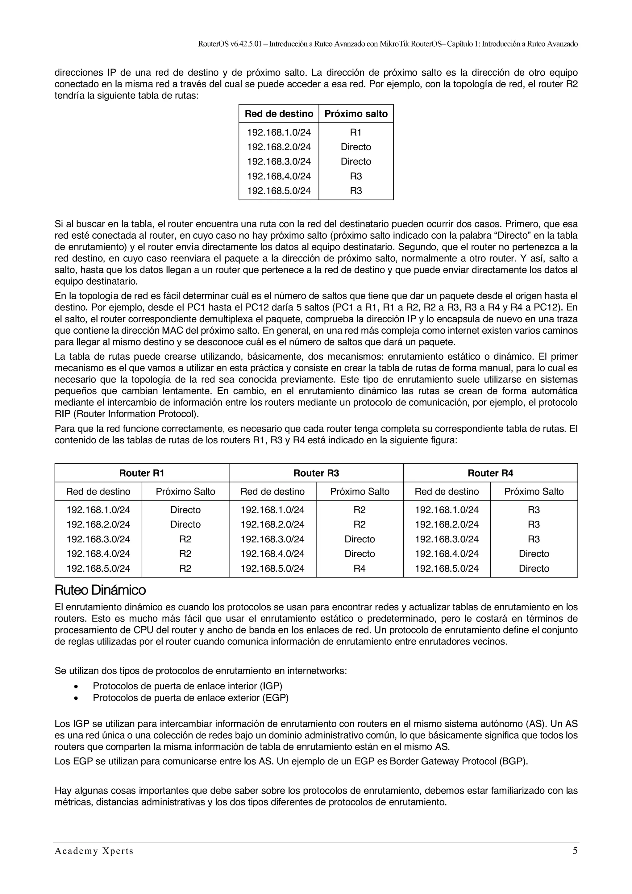 RouterOSv6.42.5.01– Introducción a Ruteo Avanzado con MikroTik RouterOS– Capítulo1:Introducción a Ruteo Avanzado
Academy Xperts 5
direcciones IP de una red de destino y de próximo salto. La dirección de próximo salto es la dirección de otro equipo
conectado en la misma red a través del cual se puede acceder a esa red. Por ejemplo, con la topología de red, el router R2
tendría la siguiente tabla de rutas:
Red de destino Próximo salto
192.168.1.0/24
192.168.2.0/24
192.168.3.0/24
192.168.4.0/24
192.168.5.0/24
R1
Directo
Directo
R3
R3
Si al buscar en la tabla, el router encuentra una ruta con la red del destinatario pueden ocurrir dos casos. Primero, que esa
red esté conectada al router, en cuyo caso no hay próximo salto (próximo salto indicado con la palabra “Directo” en la tabla
de enrutamiento) y el router envía directamente los datos al equipo destinatario. Segundo, que el router no pertenezca a la
red destino, en cuyo caso reenviara el paquete a la dirección de próximo salto, normalmente a otro router. Y así, salto a
salto, hasta que los datos llegan a un router que pertenece a la red de destino y que puede enviar directamente los datos al
equipo destinatario.
En la topología de red es fácil determinar cuál es el número de saltos que tiene que dar un paquete desde el origen hasta el
destino. Por ejemplo, desde el PC1 hasta el PC12 daría 5 saltos (PC1 a R1, R1 a R2, R2 a R3, R3 a R4 y R4 a PC12). En
el salto, el router correspondiente demultiplexa el paquete, comprueba la dirección IP y lo encapsula de nuevo en una traza
que contiene la dirección MAC del próximo salto. En general, en una red más compleja como internet existen varios caminos
para llegar al mismo destino y se desconoce cuál es el número de saltos que dará un paquete.
La tabla de rutas puede crearse utilizando, básicamente, dos mecanismos: enrutamiento estático o dinámico. El primer
mecanismo es el que vamos a utilizar en esta práctica y consiste en crear la tabla de rutas de forma manual, para lo cual es
necesario que la topología de la red sea conocida previamente. Este tipo de enrutamiento suele utilizarse en sistemas
pequeños que cambian lentamente. En cambio, en el enrutamiento dinámico las rutas se crean de forma automática
mediante el intercambio de información entre los routers mediante un protocolo de comunicación, por ejemplo, el protocolo
RIP (Router Information Protocol).
Para que la red funcione correctamente, es necesario que cada router tenga completa su correspondiente tabla de rutas. El
contenido de las tablas de rutas de los routers R1, R3 y R4 está indicado en la siguiente figura:
Router R1 Router R3 Router R4
Red de destino Próximo Salto Red de destino Próximo Salto Red de destino Próximo Salto
192.168.1.0/24
192.168.2.0/24
192.168.3.0/24
192.168.4.0/24
192.168.5.0/24
Directo
Directo
R2
R2
R2
192.168.1.0/24
192.168.2.0/24
192.168.3.0/24
192.168.4.0/24
192.168.5.0/24
R2
R2
Directo
Directo
R4
192.168.1.0/24
192.168.2.0/24
192.168.3.0/24
192.168.4.0/24
192.168.5.0/24
R3
R3
R3
Directo
Directo
Ruteo Dinámico
El enrutamiento dinámico es cuando los protocolos se usan para encontrar redes y actualizar tablas de enrutamiento en los
routers. Esto es mucho más fácil que usar el enrutamiento estático o predeterminado, pero le costará en términos de
procesamiento de CPU del router y ancho de banda en los enlaces de red. Un protocolo de enrutamiento define el conjunto
de reglas utilizadas por el router cuando comunica información de enrutamiento entre enrutadores vecinos.
Se utilizan dos tipos de protocolos de enrutamiento en internetworks:
• Protocolos de puerta de enlace interior (IGP)
• Protocolos de puerta de enlace exterior (EGP)
Los IGP se utilizan para intercambiar información de enrutamiento con routers en el mismo sistema autónomo (AS). Un AS
es una red única o una colección de redes bajo un dominio administrativo común, lo que básicamente significa que todos los
routers que comparten la misma información de tabla de enrutamiento están en el mismo AS.
Los EGP se utilizan para comunicarse entre los AS. Un ejemplo de un EGP es Border Gateway Protocol (BGP).
Hay algunas cosas importantes que debe saber sobre los protocolos de enrutamiento, debemos estar familiarizado con las
métricas, distancias administrativas y los dos tipos diferentes de protocolos de enrutamiento.
 