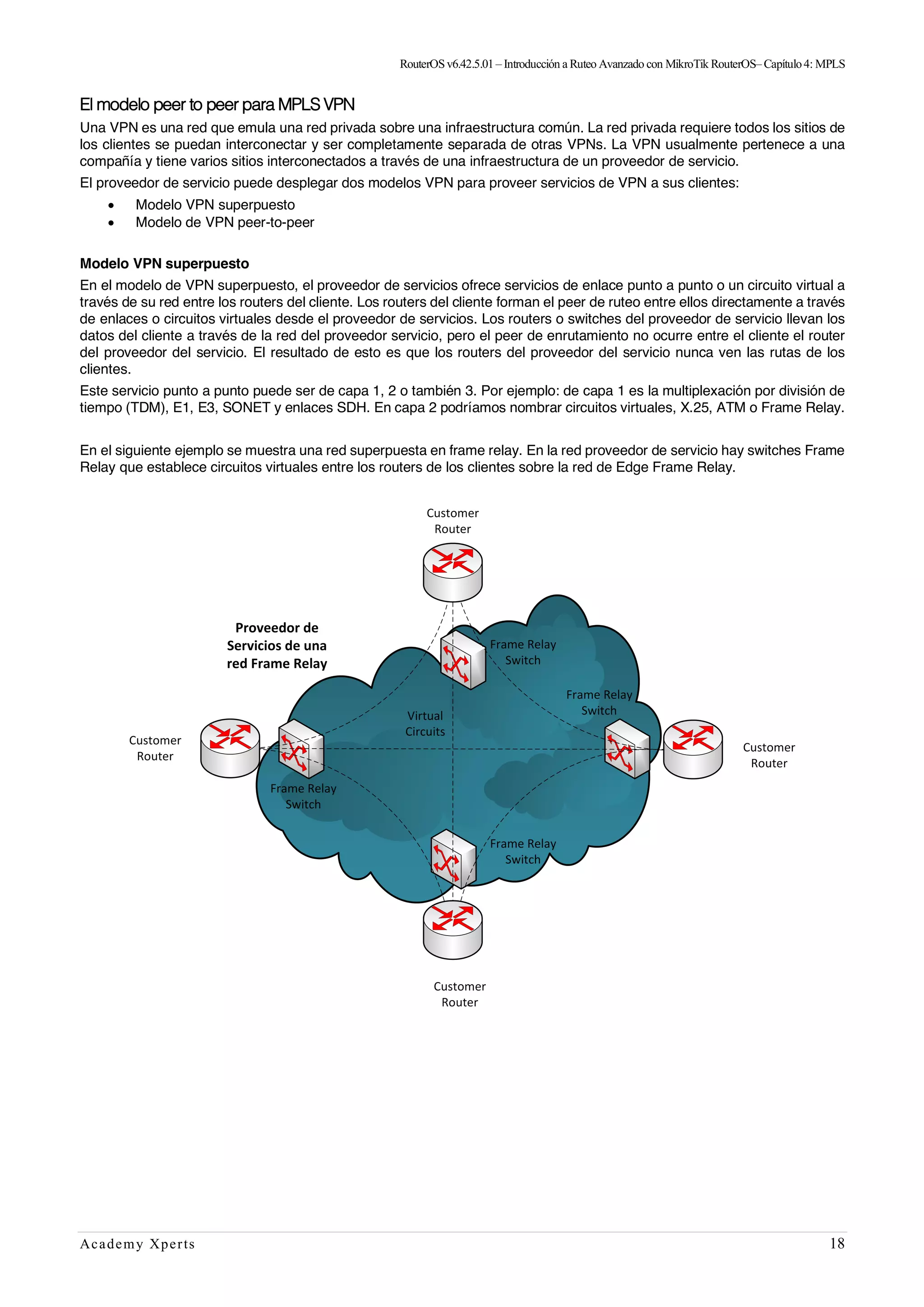 RouterOSv6.42.5.01– Introducción a Ruteo Avanzado con MikroTik RouterOS– Capítulo4: MPLS
Academy Xperts 18
El modelo peer to peer para MPLS VPN
Una VPN es una red que emula una red privada sobre una infraestructura común. La red privada requiere todos los sitios de
los clientes se puedan interconectar y ser completamente separada de otras VPNs. La VPN usualmente pertenece a una
compañía y tiene varios sitios interconectados a través de una infraestructura de un proveedor de servicio.
El proveedor de servicio puede desplegar dos modelos VPN para proveer servicios de VPN a sus clientes:
• Modelo VPN superpuesto
• Modelo de VPN peer-to-peer
Modelo VPN superpuesto
En el modelo de VPN superpuesto, el proveedor de servicios ofrece servicios de enlace punto a punto o un circuito virtual a
través de su red entre los routers del cliente. Los routers del cliente forman el peer de ruteo entre ellos directamente a través
de enlaces o circuitos virtuales desde el proveedor de servicios. Los routers o switches del proveedor de servicio llevan los
datos del cliente a través de la red del proveedor servicio, pero el peer de enrutamiento no ocurre entre el cliente el router
del proveedor del servicio. El resultado de esto es que los routers del proveedor del servicio nunca ven las rutas de los
clientes.
Este servicio punto a punto puede ser de capa 1, 2 o también 3. Por ejemplo: de capa 1 es la multiplexación por división de
tiempo (TDM), E1, E3, SONET y enlaces SDH. En capa 2 podríamos nombrar circuitos virtuales, X.25, ATM o Frame Relay.
En el siguiente ejemplo se muestra una red superpuesta en frame relay. En la red proveedor de servicio hay switches Frame
Relay que establece circuitos virtuales entre los routers de los clientes sobre la red de Edge Frame Relay.
 
