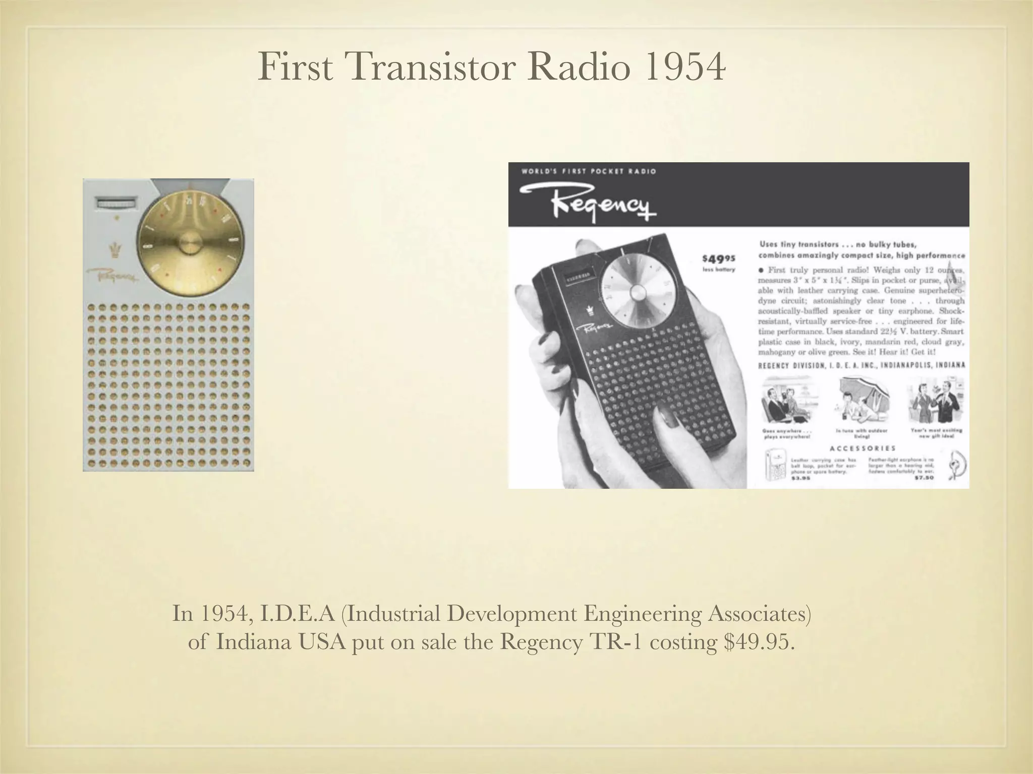 First Transistor Radio 1954




In 1954, I.D.E.A (Industrial Development Engineering Associates)
  of Indiana USA put on sale the Regency TR-1 costing $49.95.
 