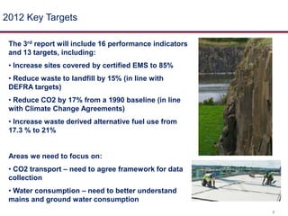 Performance Indicators were set 2nd report (2008 performance data) published in 2010 Release of 2012 performance targets2012 Key TargetsThe 3rd report will include 16 performance indicators and 13 targets, including: Increase sites covered by certified EMS to 85%