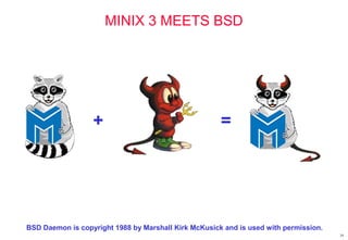 MINIX 3 MEETS BSD
34
+ =
BSD Daemon is copyright 1988 by Marshall Kirk McKusick and is used with permission.
 