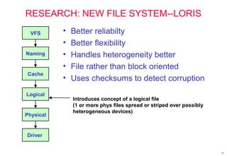 61
RESEARCH: NEW FILE SYSTEM--LORIS
• Better reliabilty
• Better flexibility
• Handles heterogeneity better
• File rather than block oriented
• Uses checksums to detect corruption
VFS
Naming
Cache
Logical
Physical
Driver
Introduces concept of a logical file
(1 or more phys files spread or striped over possibly
heterogeneous devices)
 