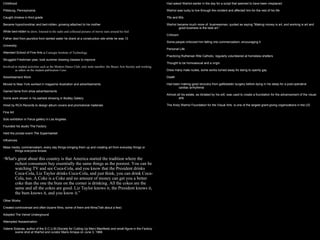 Childhood Pittsburg, Pennsylvania Caught cholera in third grade Became hypochondriac and bed-ridden, growing attached to his mother While bed-ridden  he drew, listened to the radio and collected pictures of movie stars around his bed  Father died from jaundice from tainted water he drank at a construction site while he was 13 University Attended School of Fine Arts  at Carnegie Institute of Technology Struggled Freshman year, took summer drawing classes to improve Involved in student activities such as the Modern Dance Club, only male member, the Beaux Arts Society and working as editor on the student publication  Cano . Advertisement Work Moved to New York worked in magazine illustration and advertisements Gained fame from shoe advertisements Some work shown in his earliest showing in Bodley Gallery Hired by RCA Records to design album covers and promotional materials Fine Art Solo exhibition in Ferus gallery in Los Angeles Founded his studio The Factory Held the pivotal event  The Supermarket Influences Mass media, commercialism, every day things bringing them up and creating art from everyday things or things everyone knows “ What's great about this country is that America started the tradition where the richest consumers buy essentially the same things as the poorest. You can be watching TV and see Coca-Cola, and you know that the President drinks Coca-Cola, Liz Taylor drinks Coca-Cola, and just think, you can drink Coca-Cola, too. A Coke is a Coke and no amount of money can get you a better coke than the one the bum on the corner is drinking. All the cokes are the same and all the cokes are good. Liz Taylor knows it, the President knows it, the bum knows it, and you know it.” Other Works Created controversial and often bizarre films, some of them anti-films(Talk about a few) Adopted The Velvet Underground Attempted Assassination Valerie Solanas, author of the S.C.U.M.(Society for Cutting Up Men) Manifesto and small figure in the Factory scene shot at Warhol and curator Mario Amaya on June 3, 1968 Had asked Warhol earlier in the day for a script that seemed to have been misplaced Warhol was lucky to live through the incident and affected him for the rest of his life 70s and 80s Warhol became much more of  businessman, quoted as saying “Making money is art, and working is art and good business is the best art.” Criticism Some people criticized him falling into commercialism, encouraging it Personal Life Practicing Ruthenian Rite Catholic, regularly volunteered at homeless shelters Thought to be homosexual and a virgin Drew many male nudes, some works turned away for being to openly gay Death Had been making good recovery from gallbladder surgery before dying in his sleep for a post-operative cardiac arrhythmia Almost all his estate, as dictated by his will, was used to create a foundation for the advancement of the visual arts The Andy Warhol Foundation for the Visual Arts  is one of the largest grant-giving organizations in the US 