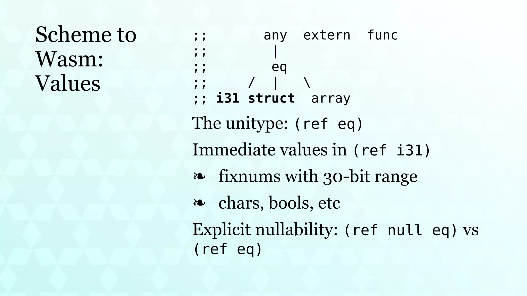 Scheme to
Wasm:
Values
;; any extern func
;; |
;; eq
;; / | 
;; i31 struct array
The unitype: (ref eq)
Immediate values in (ref i31)
fixnums with 30-bit range
❧
chars, bools, etc
❧
Explicit nullability: (ref null eq) vs
(ref eq)
 