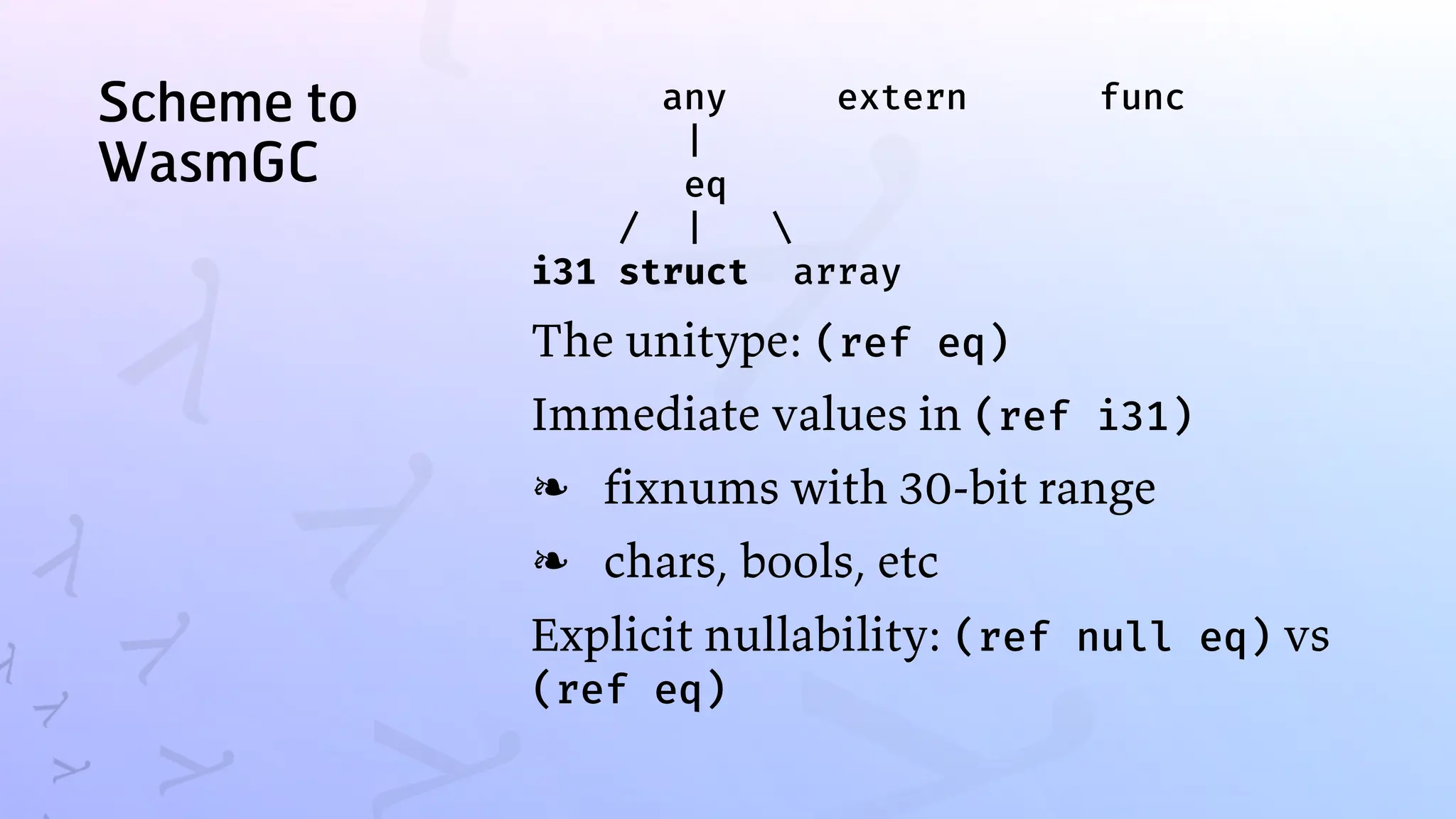 Scheme to
WasmGC
any extern func
|
eq
/ | 
i31 struct array
The unitype: (ref eq)
Immediate values in (ref i31)
fixnums with 30-bit range
❧
chars, bools, etc
❧
Explicit nullability: (ref null eq) vs
(ref eq)
 