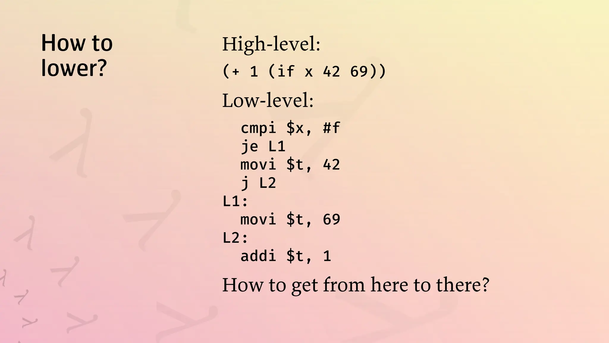 How to
lower?
High-level:
(+ 1 (if x 42 69))
Low-level:
cmpi $x, #f
je L1
movi $t, 42
j L2
L1:
movi $t, 69
L2:
addi $t, 1
How to get from here to there?
 