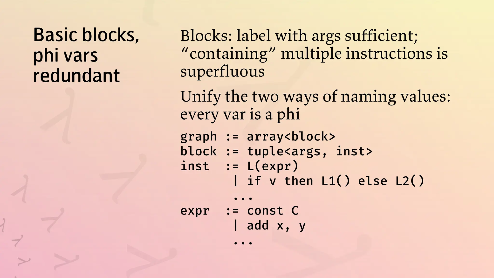 Basic blocks,
phi vars
redundant
Blocks: label with args sufficient;
“containing” multiple instructions is
superfluous
Unify the two ways of naming values:
every var is a phi
graph := array<block>
block := tuple<args, inst>
inst := L(expr)
| if v then L1() else L2()
...
expr := const C
| add x, y
...
 