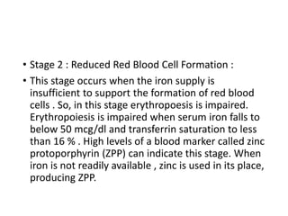 • Stage 2 : Reduced Red Blood Cell Formation :
• This stage occurs when the iron supply is
insufficient to support the formation of red blood
cells . So, in this stage erythropoesis is impaired.
Erythropoiesis is impaired when serum iron falls to
below 50 mcg/dl and transferrin saturation to less
than 16 % . High levels of a blood marker called zinc
protoporphyrin (ZPP) can indicate this stage. When
iron is not readily available , zinc is used in its place,
producing ZPP.
 