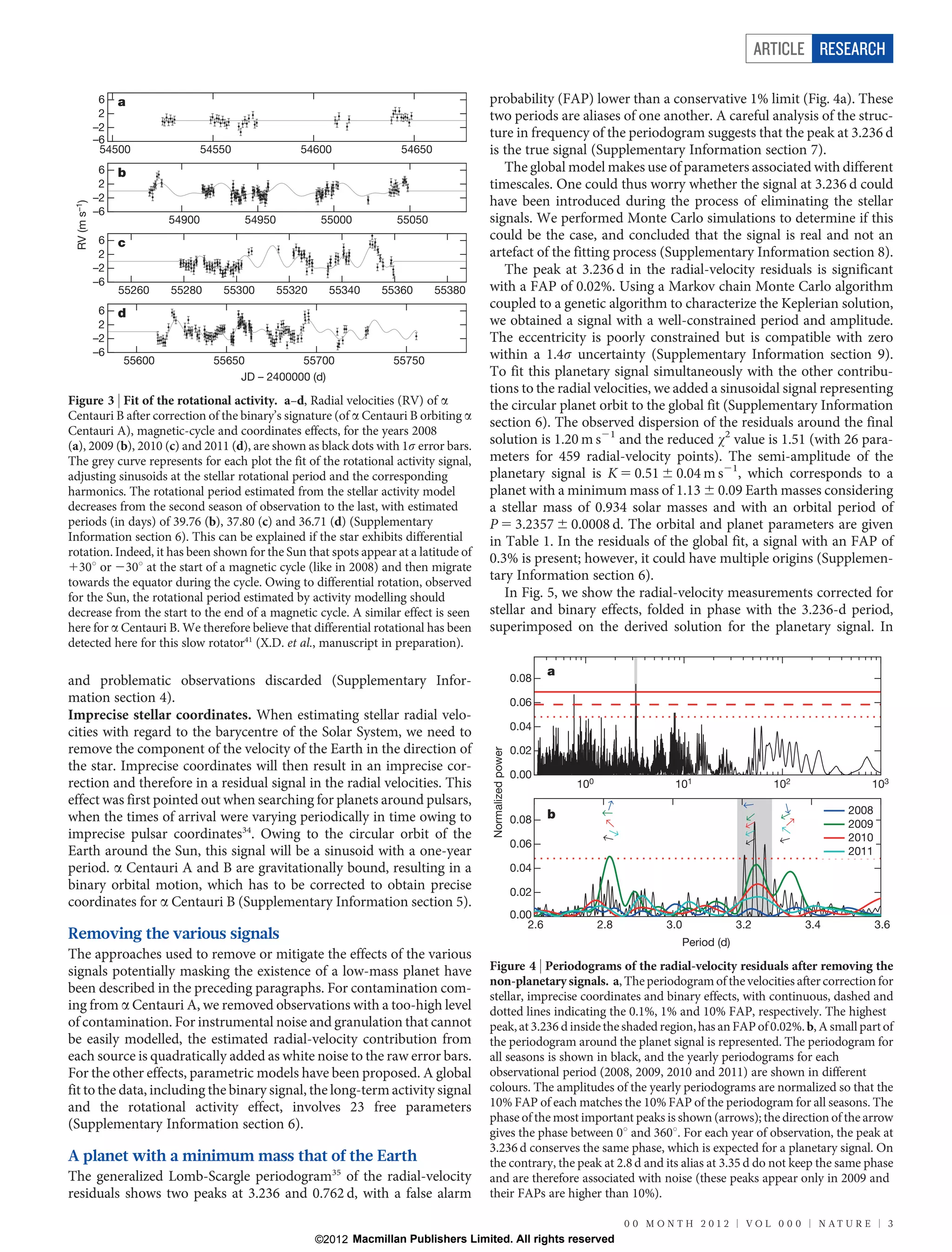 ARTICLE RESEARCH

               6 a                                                                         probability (FAP) lower than a conservative 1% limit (Fig. 4a). These
               2                                                                           two periods are aliases of one another. A careful analysis of the struc-
              –2
              –6
                                                                                           ture in frequency of the periodogram suggests that the peak at 3.236 d
               54500               54550              54600               54650            is the true signal (Supplementary Information section 7).
               6   b                                                                          The global model makes use of parameters associated with different
               2                                                                           timescales. One could thus worry whether the signal at 3.236 d could
              –2                                                                           have been introduced during the process of eliminating the stellar
 RV (m s–1)




              –6
                           54900           54950            55000         55050            signals. We performed Monte Carlo simulations to determine if this
               6                                                                           could be the case, and concluded that the signal is real and not an
                   c
               2                                                                           artefact of the fitting process (Supplementary Information section 8).
              –2                                                                              The peak at 3.236 d in the radial-velocity residuals is significant
              –6                                                                           with a FAP of 0.02%. Using a Markov chain Monte Carlo algorithm
                   55260   55280      55300        55320     55340     55360      55380
               6
                                                                                           coupled to a genetic algorithm to characterize the Keplerian solution,
                   d
               2                                                                           we obtained a signal with a well-constrained period and amplitude.
              –2                                                                           The eccentricity is poorly constrained but is compatible with zero
              –6                                                                           within a 1.4s uncertainty (Supplementary Information section 9).
                   55600             55650          55700                55750
                                         JD – 2400000 (d)                                  To fit this planetary signal simultaneously with the other contribu-
                                                                                           tions to the radial velocities, we added a sinusoidal signal representing
Figure 3 | Fit of the rotational activity. a–d, Radial velocities (RV) of a                the circular planet orbit to the global fit (Supplementary Information
Centauri B after correction of the binary’s signature (of a Centauri B orbiting a
                                                                                           section 6). The observed dispersion of the residuals around the final
Centauri A), magnetic-cycle and coordinates effects, for the years 2008
(a), 2009 (b), 2010 (c) and 2011 (d), are shown as black dots with 1s error bars.          solution is 1.20 m s21 and the reduced x2 value is 1.51 (with 26 para-
The grey curve represents for each plot the fit of the rotational activity signal,         meters for 459 radial-velocity points). The semi-amplitude of the
adjusting sinusoids at the stellar rotational period and the corresponding                 planetary signal is K 5 0.51 6 0.04 m s21, which corresponds to a
harmonics. The rotational period estimated from the stellar activity model                 planet with a minimum mass of 1.13 6 0.09 Earth masses considering
decreases from the second season of observation to the last, with estimated                a stellar mass of 0.934 solar masses and with an orbital period of
periods (in days) of 39.76 (b), 37.80 (c) and 36.71 (d) (Supplementary                     P 5 3.2357 6 0.0008 d. The orbital and planet parameters are given
Information section 6). This can be explained if the star exhibits differential            in Table 1. In the residuals of the global fit, a signal with an FAP of
rotation. Indeed, it has been shown for the Sun that spots appear at a latitude of
                                                                                           0.3% is present; however, it could have multiple origins (Supplemen-
130u or 230u at the start of a magnetic cycle (like in 2008) and then migrate
towards the equator during the cycle. Owing to differential rotation, observed             tary Information section 6).
for the Sun, the rotational period estimated by activity modelling should                     In Fig. 5, we show the radial-velocity measurements corrected for
decrease from the start to the end of a magnetic cycle. A similar effect is seen           stellar and binary effects, folded in phase with the 3.236-d period,
here for a Centauri B. We therefore believe that differential rotational has been          superimposed on the derived solution for the planetary signal. In
detected here for this slow rotator41 (X.D. et al., manuscript in preparation).

                                                                                                                       a
and problematic observations discarded (Supplementary Infor-                                                  0.08
mation section 4).                                                                                            0.06
Imprecise stellar coordinates. When estimating stellar radial velo-
                                                                                                              0.04
cities with regard to the barycentre of the Solar System, we need to
remove the component of the velocity of the Earth in the direction of                                         0.02
                                                                                           Normalized power




the star. Imprecise coordinates will then result in an imprecise cor-
                                                                                                              0.00
rection and therefore in a residual signal in the radial velocities. This                                                  100                    101                      102            103
effect was first pointed out when searching for planets around pulsars,                                                           ↑
                                                                                                                                                                            ↑
                                                                                                                                                                  ↑↑↑↑ ↑




                                                                                                                       b                                                               2008
                                                                                                                                 ↑ ↑ ↑




when the times of arrival were varying periodically in time owing to
                                                                                                                                                                            ↑

                                                                                                              0.08                                                                     2009
                                                                                                                                                                            ↑



imprecise pulsar coordinates34. Owing to the circular orbit of the
                                                                                                                                  ↑




                                                                                                                                                                           ↑↑



                                                                                                                                                                                       2010
                                                                                                              0.06
Earth around the Sun, this signal will be a sinusoid with a one-year                                                                                                                   2011
period. a Centauri A and B are gravitationally bound, resulting in a                                          0.04
binary orbital motion, which has to be corrected to obtain precise                                            0.02
coordinates for a Centauri B (Supplementary Information section 5).
                                                                                                              0.00
                                                                                                                 2.6             2.8             3.0             3.2             3.4          3.6
Removing the various signals                                                                                                                        Period (d)
The approaches used to remove or mitigate the effects of the various
signals potentially masking the existence of a low-mass planet have                        Figure 4 | Periodograms of the radial-velocity residuals after removing the
                                                                                           non-planetary signals. a, The periodogram of the velocities after correction for
been described in the preceding paragraphs. For contamination com-
                                                                                           stellar, imprecise coordinates and binary effects, with continuous, dashed and
ing from a Centauri A, we removed observations with a too-high level                       dotted lines indicating the 0.1%, 1% and 10% FAP, respectively. The highest
of contamination. For instrumental noise and granulation that cannot                       peak, at 3.236 d inside the shaded region, has an FAP of 0.02%. b, A small part of
be easily modelled, the estimated radial-velocity contribution from                        the periodogram around the planet signal is represented. The periodogram for
each source is quadratically added as white noise to the raw error bars.                   all seasons is shown in black, and the yearly periodograms for each
For the other effects, parametric models have been proposed. A global                      observational period (2008, 2009, 2010 and 2011) are shown in different
fit to the data, including the binary signal, the long-term activity signal                colours. The amplitudes of the yearly periodograms are normalized so that the
and the rotational activity effect, involves 23 free parameters                            10% FAP of each matches the 10% FAP of the periodogram for all seasons. The
                                                                                           phase of the most important peaks is shown (arrows); the direction of the arrow
(Supplementary Information section 6).
                                                                                           gives the phase between 0u and 360u. For each year of observation, the peak at
                                                                                           3.236 d conserves the same phase, which is expected for a planetary signal. On
A planet with a minimum mass that of the Earth                                             the contrary, the peak at 2.8 d and its alias at 3.35 d do not keep the same phase
The generalized Lomb-Scargle periodogram35 of the radial-velocity                          and are therefore associated with noise (these peaks appear only in 2009 and
residuals shows two peaks at 3.236 and 0.762 d, with a false alarm                         their FAPs are higher than 10%).

                                                                                                                                         0 0 M O N T H 2 0 1 2 | VO L 0 0 0 | N AT U R E | 3
                                                           ©2012 Macmillan Publishers Limited. All rights reserved
 