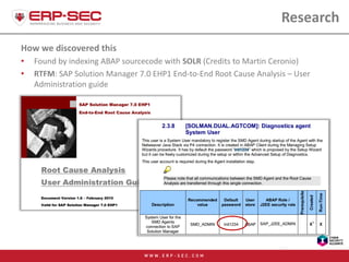 Research
How we discovered this
• Found by indexing ABAP sourcecode with SOLR (Credits to Martin Ceronio)
• RTFM: SAP Solu...