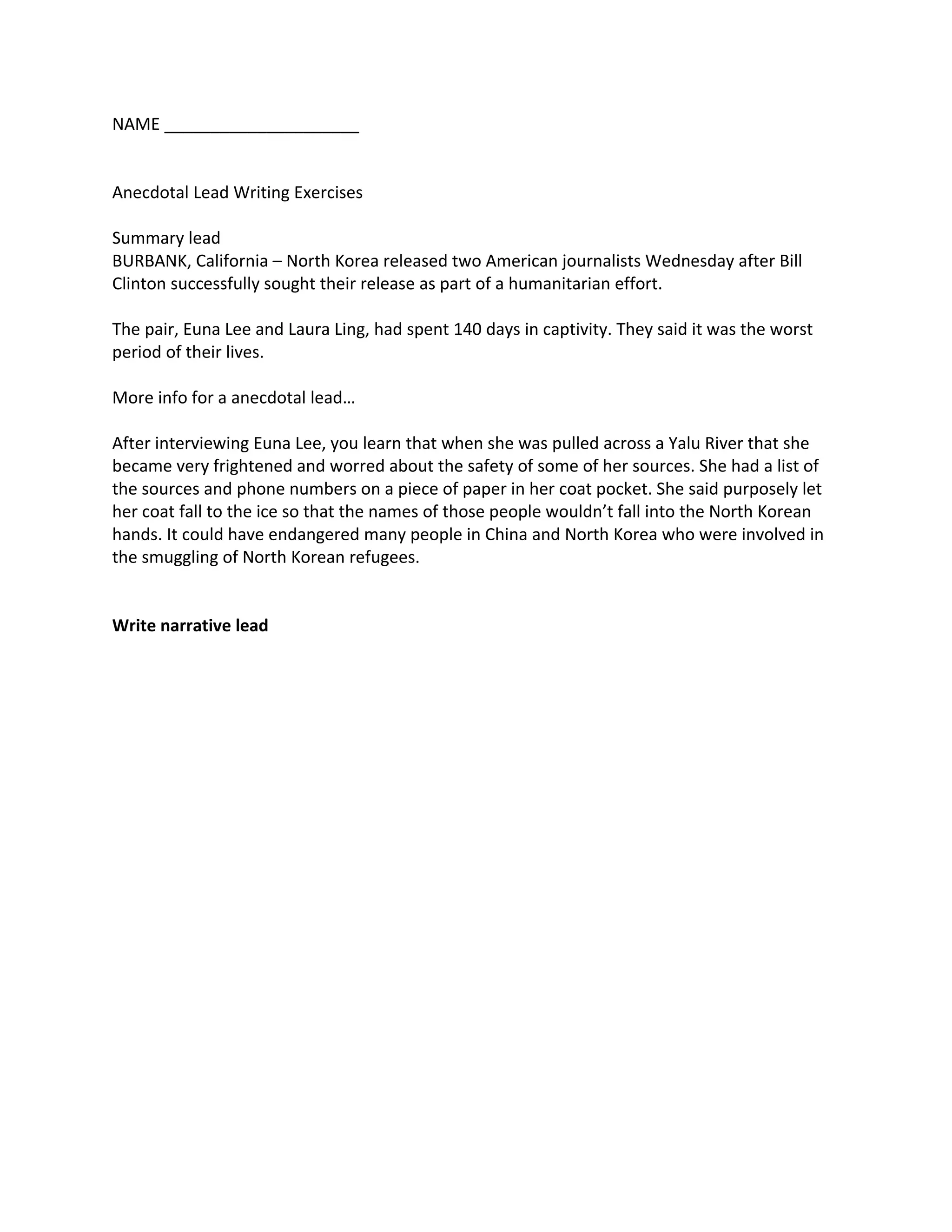 Anecdotal lead writing exercise PDF