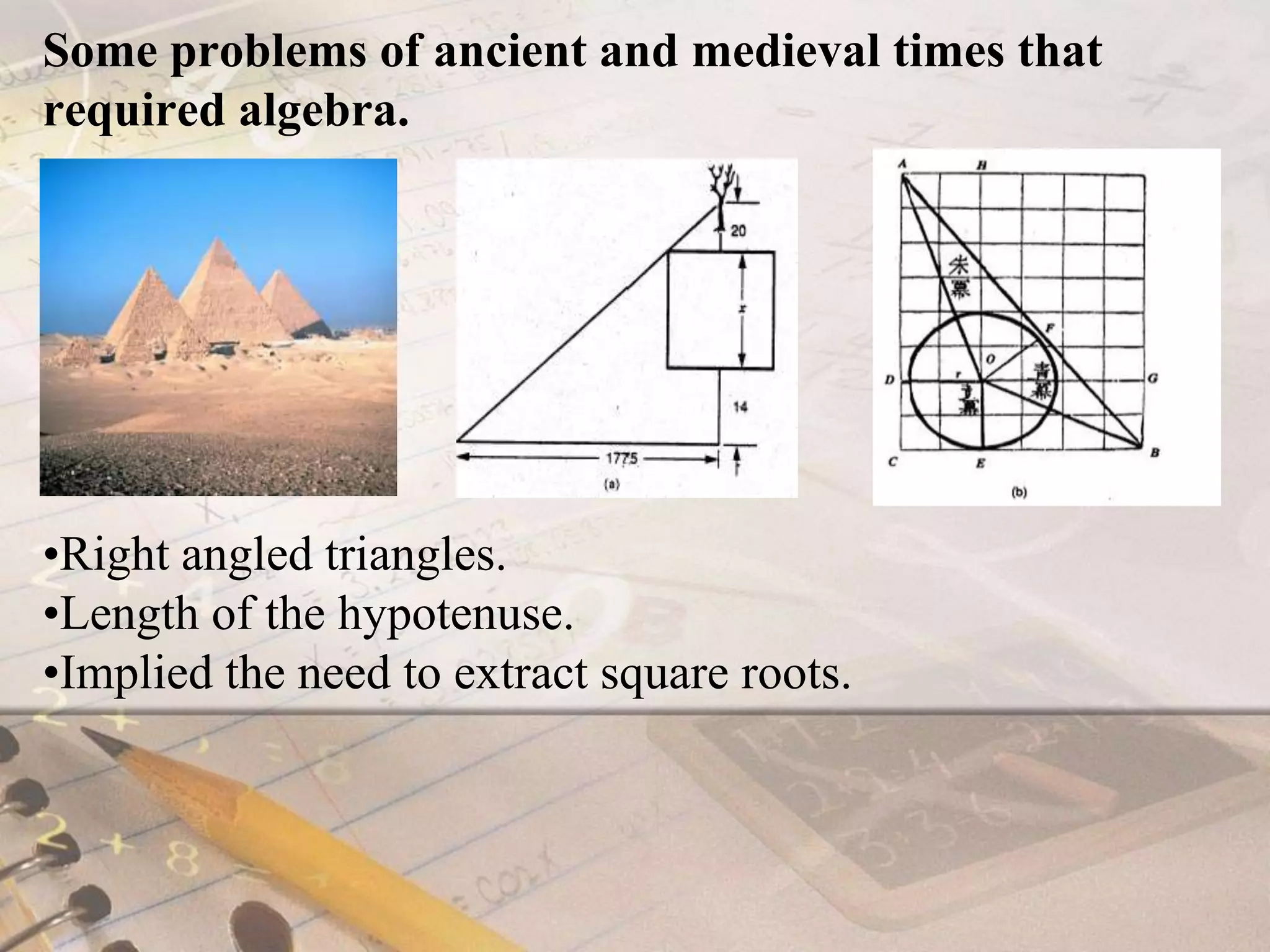 Some problems of ancient and medieval times that required algebra.Right angled triangles. Length of the hypotenuse.Implied the need to extract square roots.