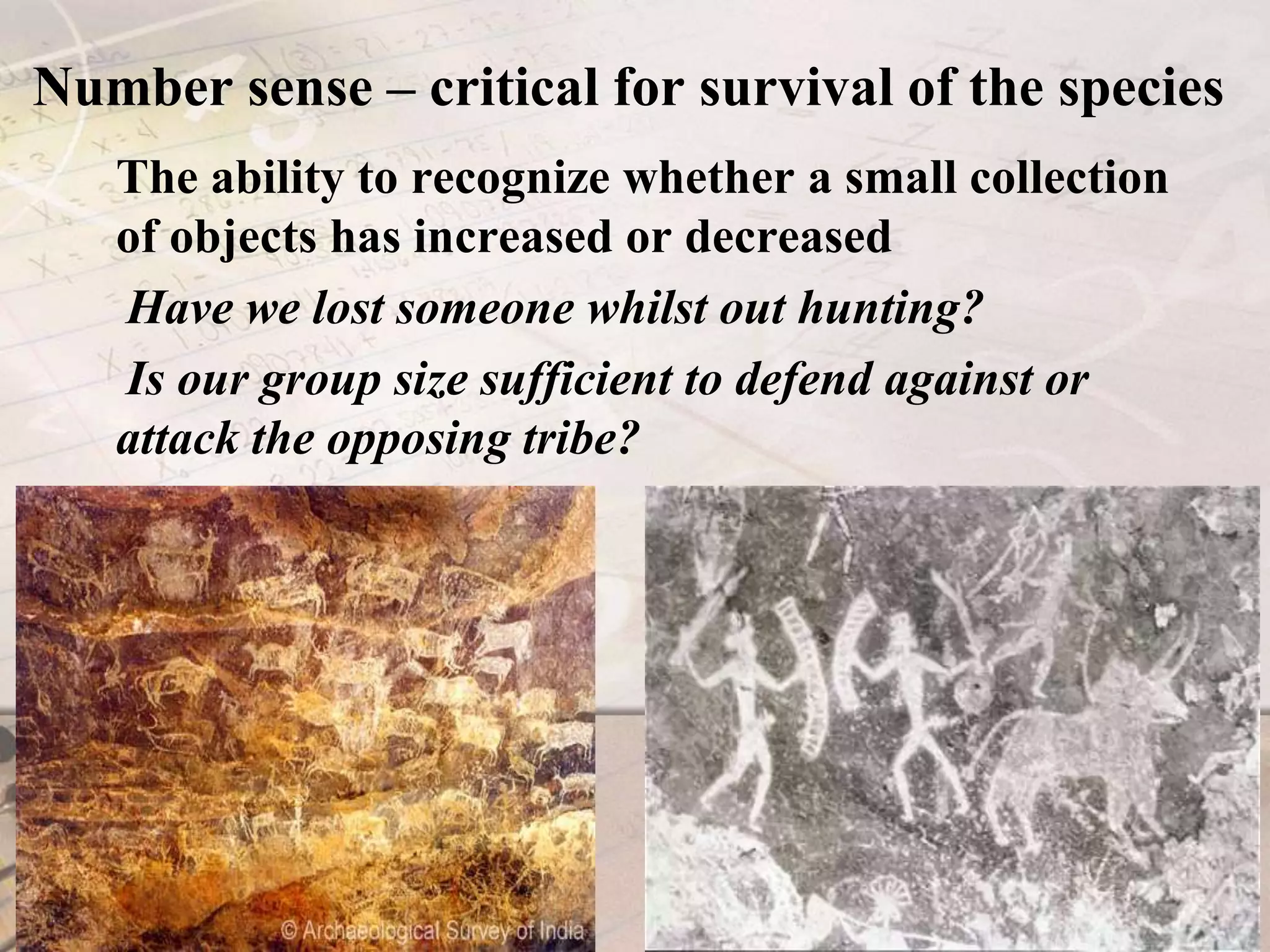 Number sense – critical for survival of the speciesThe ability to recognize whether a small collection of objects has increased or decreased      Have we lost someone whilst out hunting?      Is our group size sufficient to defend against or attack the opposing tribe?