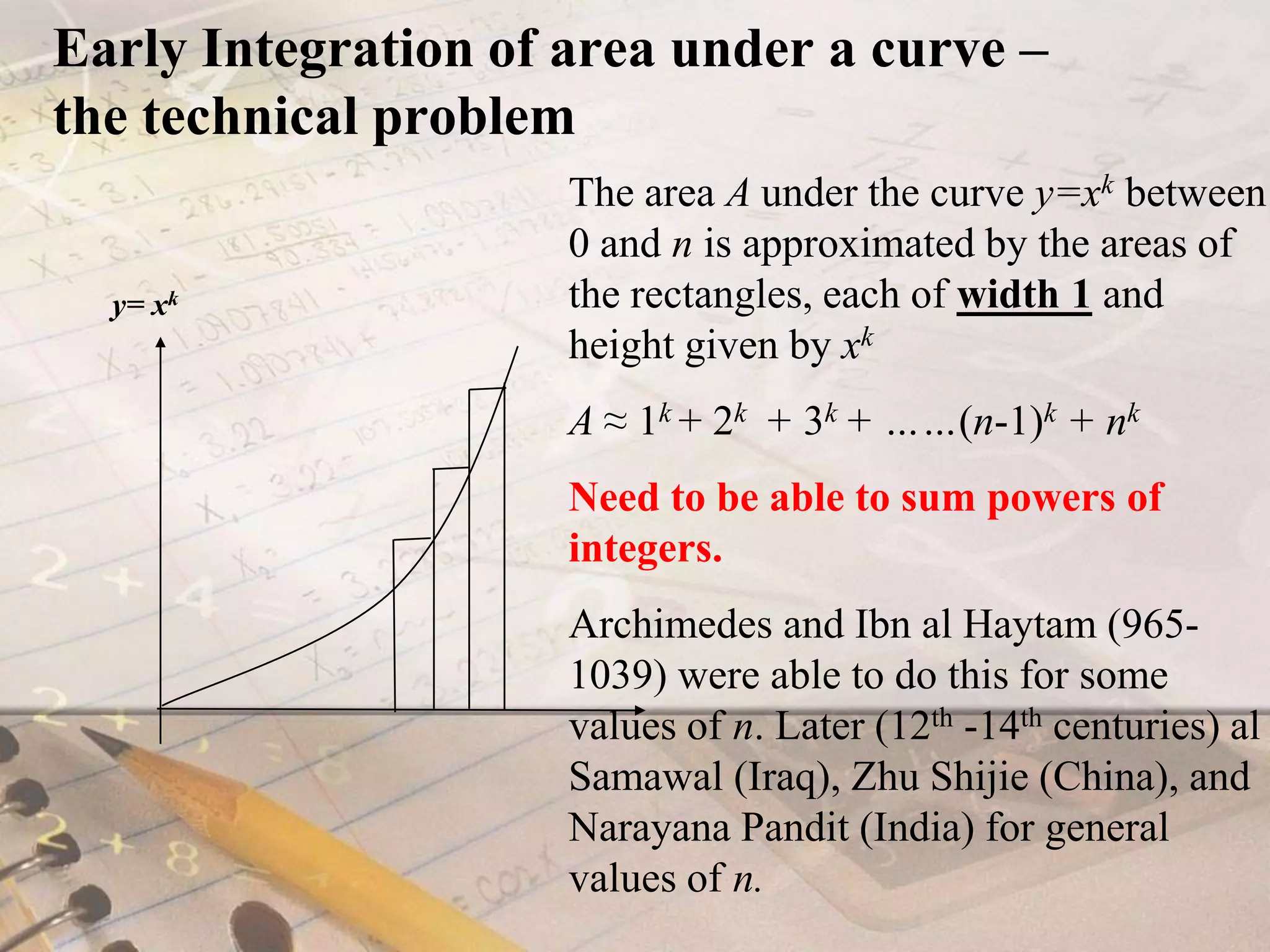 Early Integration of area under a curve – the technical problemThe area A under the curve y=xkbetween 0 and n is approximated by the areas of the rectangles, each of width1 and height given by xkA ≈ 1k+ 2k  + 3k + ……(n-1)k + nkNeed to be able to sum powers of integers.Archimedes and Ibn al Haytam (965-1039) were able to do this for some values of n. Later (12th -14th centuries) al Samawal (Iraq), Zhu Shijie (China), and Narayana Pandit (India) for general values of n.y= xk