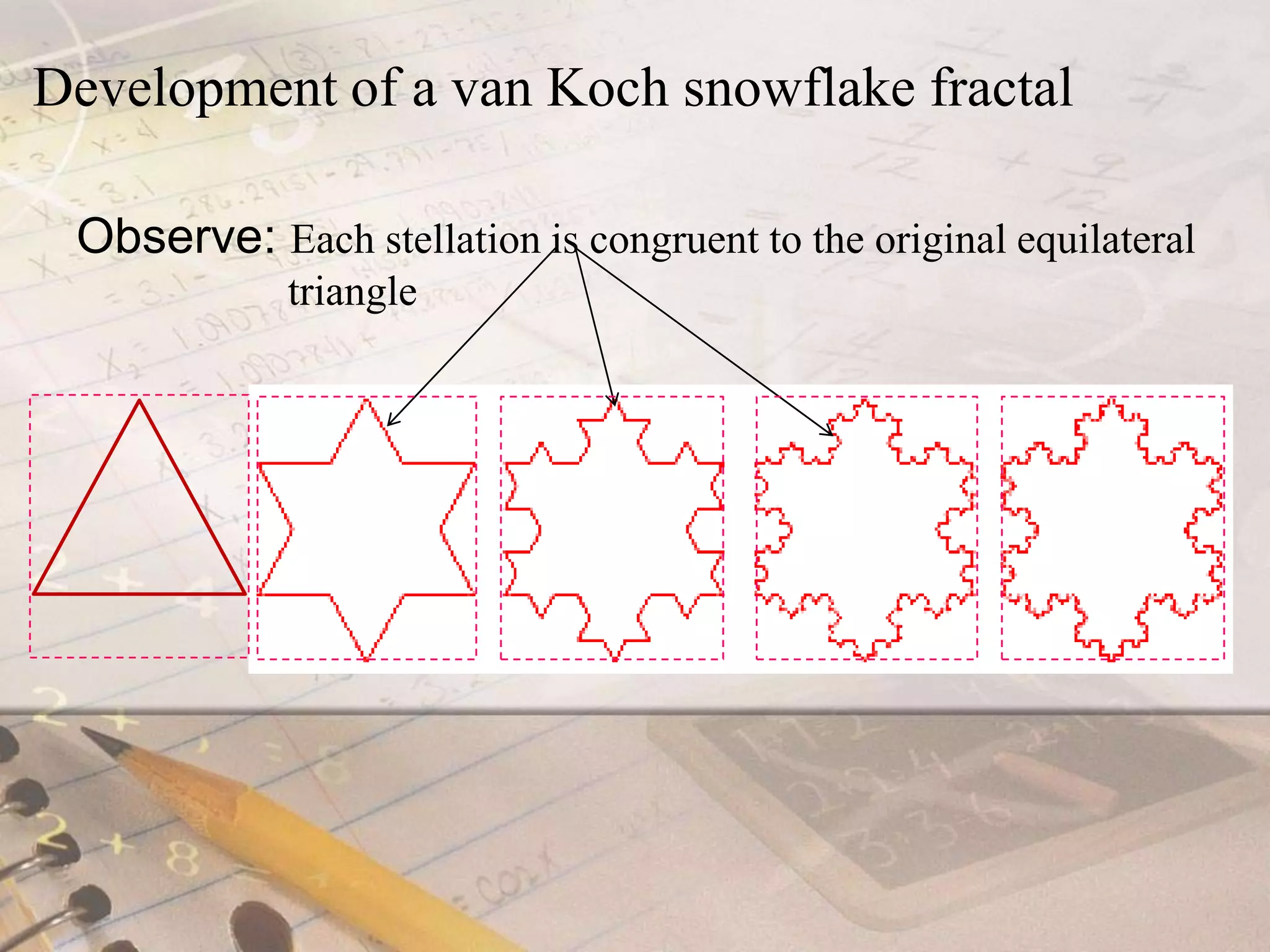 Development of a van Koch snowflake fractalObserve: Each stellation is congruent to the original equilateral 	 	        triangle 