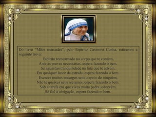 Do livro “Mãos marcadas”, pelo Espírito Casimiro Cunha, retiramos a
seguinte trova:
Espírito reencarnado no corpo que te contém,
Ante as provas necessárias, espera fazendo o bem.
Se aguardas tranquilidade na luta que te advém,
Em qualquer lance da estrada, espera fazendo o bem.
Exerces muitos encargos sem o apoio de ninguém,
Não te queixes nem reclames, espera fazendo o bem.
Sob a tarefa em que vives muita pedra sobrevém.
Sê fiel à obrigação, espera fazendo o bem.
 