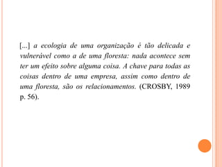 [...] a ecologia de uma organização é tão delicada e
vulnerável como a de uma floresta: nada acontece sem
ter um efeito sobre alguma coisa. A chave para todas as
coisas dentro de uma empresa, assim como dentro de
uma floresta, são os relacionamentos. (CROSBY, 1989
p. 56).

 