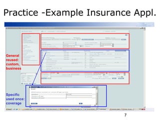 7
Practice -Example Insurance Appl.
General
reused:
custom,
business
Specific
used once:
coverage
 