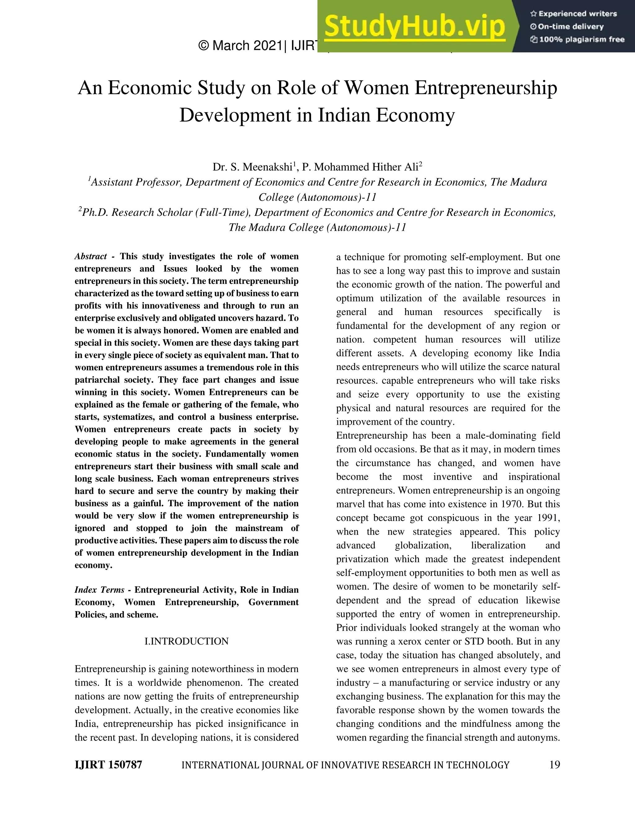 An Economic Study On Role Of Women Entrepreneurship Development In ...