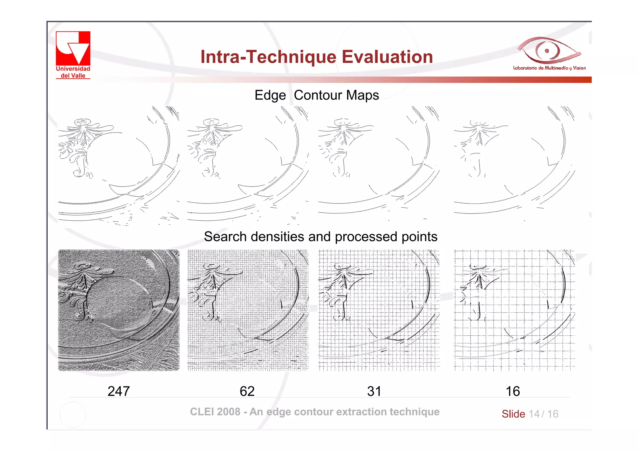 Intra-Technique Evaluation

                  Edge Contour Maps




        Search densities and processed points




247            62                       31               16
      CLEI 2008 - An edge contour extraction technique   Slide 14 / 16
 
