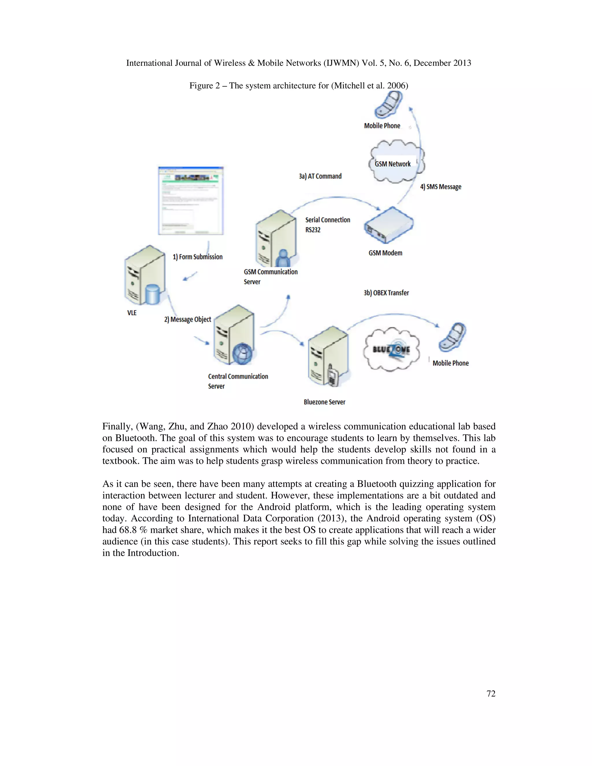 International Journal of Wireless & Mobile Networks (IJWMN) Vol. 5, No. 6, December 2013
Figure 2 – The system architecture for (Mitchell et al. 2006)

Finally, (Wang, Zhu, and Zhao 2010) developed a wireless communication educational lab based
on Bluetooth. The goal of this system was to encourage students to learn by themselves. This lab
focused on practical assignments which would help the students develop skills not found in a
textbook. The aim was to help students grasp wireless communication from theory to practice.
As it can be seen, there have been many attempts at creating a Bluetooth quizzing application for
interaction between lecturer and student. However, these implementations are a bit outdated and
none of have been designed for the Android platform, which is the leading operating system
today. According to International Data Corporation (2013), the Android operating system (OS)
had 68.8 % market share, which makes it the best OS to create applications that will reach a wider
audience (in this case students). This report seeks to fill this gap while solving the issues outlined
in the Introduction.

72

 