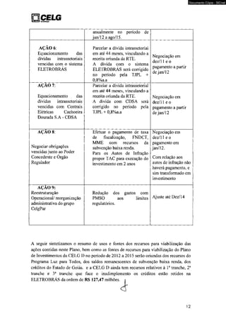 O CELG l^ iY ~ f DÜTRTtCKÀG 
anualmente no período de 
jan/12 a ago/15. 
AÇÃO 6: 
Equacionamento das 
dívidas intrassetoriais 
vencidas com o sistema 
ELETROBRÁS 
Parcelar a dívida intrassetorial 
em até 44 meses, vinculando a 
receita oriunda da RTE. 
A dívida com o sistema 
ELETROBRÁS será corrigido 
no período pela TJPL + 
0,8%a.a 
Negociação em 
dez/l 1 e o 
pagamento a partir 
de jan/12 
AÇAO 7: 
Equacionamento das 
dívidas intrassetoriais 
vencidas com Centrais 
Elétricas Cachoeira 
Dourada S.A - CDSA 
Parcelar a dívida intrassetorial 
em até 44 meses, vinculando a 
receita oriunda da RTE. 
A dívida com CDSA será 
corrigido no período pela 
TJPL + 0,8%a.a 
Negociação em 
dez/l 1 e o 
pagamento a partir 
de jan/12 
AÇÃO 8: 
Negociar obrigações 
vencidas junto ao Poder 
Concedente e Órgão 
Regulador 
Efetuar o pagamento de taxa 
de fiscalização, FNDCT, 
MME com recursos da 
subvenção baixa renda. 
Para os Autos de Infração 
propor TAC para execução do 
investimento em 2 anos 
Documento Cópia - SICnet 
Negociação em 
dez/l 1 e o 
pagamento em 
jan/12. 
Com relação aos 
autos de infração não 
haverá pagamento, e 
sim transformado em 
investimento 
AÇAO 9: 
Reestruturação 
Operacional/ reorganização 
administrativa do grupo 
CelgPar 
Redução dos gastos com 
PMSO aos limites 
regulatórios. 
Ajuste até Dez/14 
A seguir sintetizamos o resumo de usos e fontes dos recursos para viabilização das 
ações contidas neste Plano, bem como as fontes de recursos para viabilização do Plano 
de Investimentos da CELG D no período de 2012 a 2015 serão oriundas dos recursos do 
Programa Luz para Todos, dos saldos remanescentes de subvenção baixa renda, dos 
créditos do Estado de Goiás, e a CELG D ainda tem recursos relativos à Ia tranche, 2a 
tranche e 3a tranche que face o inadimplemento os créditos estão retidos na 
ELETROBRÁS da ordem de RS 127,47 milhões. 
12 
 