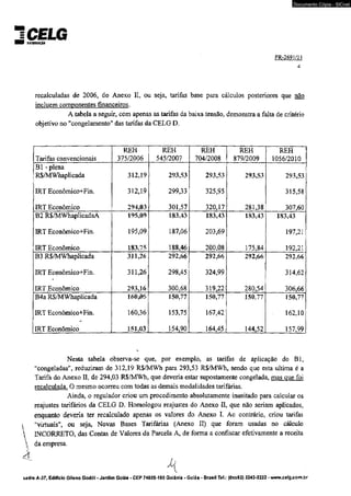 j C E L G 
■V oinBnsnçie 
Documento Cópia - SICnet 
recalculadas de 2006, do Anexo II, ou seja, tarifas base para cálculos posteriores que não 
incluem componentes financeiros. 
A tabela a seguir, com apenas as tarifas da baixa tensão, demonstra a falta de critério 
objetivo no "congelamento" das tarifas da CELG D. 
PR-2691/i1 
4 
Tarifas convencionais 
REH 
375/2006 
REH 
545/2007 
REH 
704/2008 
REH 
879/2009 
REH 
1056/2010 
Bl - plena 
R$/MWhaplicada 312,19 293,53 293,53 293,53 293,53 
IRT Econômico+Fin. 312,19 299,33 325,95 315,58 
ÍRT Econômico 294,03 301,57 320,17 281,38 307,60 
B2 RS/MWhaplicadaA 195,091 183,43 183,43 183,43 183,43 
IRT Econômico+Fin. 195,09 187,06 203,69 197,21 
IRT Econômico 183,75 188,46 200,08 175,84 192,21 
B3 R$/MWhaplicada 311,26 292,66 292,66 292,66 292,66 
IRT Econômico+Fin. 
t 
311,26 298,45 324,99 314,62 
ERT Econômico 293,16 300,68 319,22 280,54 306,66 
B4a RS/MWhaplicada r 160,36 150,77 150,77 150,77 150,77 
IRT Econômico+Fin. 160,36 153,75 167,42 162,10 
IRT Econômico 151,03 154,90 164,45 144,52 157,99 
Nesta tabela observa-se que, por exemplo, as tarifas de aplicação do Bl, 
"congeladas”, reduziram de 312,19 R$/MWh para 293,53 R$/MWh, sendo que esta ultima é a 
Tarifa do Anexo II, de 294,03 R$/MVh, que deveria estar supostamente congelada, mas que foi 
recalculada. O mesmo ocorreu com todas as demais modalidades tarifárias. 
Ainda, o regulador criou um procedimento absolutamente inusitado para calcular os 
reajustes tarifários da CELG D. Homologou reajustes do Anexo II, que não seriam aplicados, 
enquanto deveria ter recalculado apenas os valores do Anexo I. Ao contrário, criou tarifas 
i "virtuais", ou seja, Novas Bases Tarifárias (Anexo II) que foram usadas no cálculo 
 INCORRETO, das Contas de Valores da Parcela A, de forma a confiscar efetivamente a receita 
 da empresa. à 
A 
uadra A-37, Edifício Gileno Godói • Jardim Goiás • CEP 74B05'1fl0 Goiânia - Goiás - Brasil Tel.: (0xx62) 3243-2222 - wMw.celg.com.br 
 