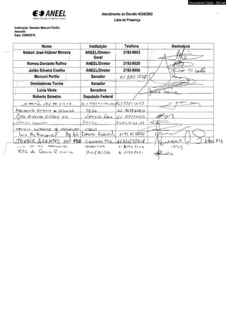 € 3 ANEEL 
A g ín c ia Nac io n a l d e E n e rg ia E l étr ica 
Instituição: Senador Marconi Perillo 
Assunto: 
Data: 23/08/2010. 
Atendimento ao Decreto 4334/2002 
Lista de Presença 
Nome Instituição Telefone 
Nelson José Hübner Moreira ANEEL/Diretor- 
Geral 
2192-8603 
Romeu Donizete Rufino ANEEL/Diretor 2192-8020 
Julião Silveira Coelho ANEEL/Diretor 2192-8606 
Marconi Perillo Senador <r / 35/? 
Demóstenes Torres 
Lúcia Vânia 
Senjádor 
Senadora 
Roberto Balestra Deputapo Federal 
6'%-C MtL/nt/i g?)Jh ) 3 3 ? I >J~ÕS 
CA í& 62 6 OS o 
M//iâvè/) ép', OÚ.4 £  f Q fctúicsÇ 
--%) ftVh'£(_ G?eooLA-r*T" Á-2J3 -2. W &3 jJ 4 
K iòO ^ v i^ Pg cAR.VArv.l4o 
CôMòOjs 
.T ô i/A IR . A e iA i- f fe S w-P- f e t i ^ l í l z z L t f p p U 
u,/i v 5> fz^ 
o, cü«- Ç^U-ès. Ç? (v e% a i> (u 
6i 1.1^2. 
<£-/ £ i ^93 / 
Documento Cópia - SICnet 
 